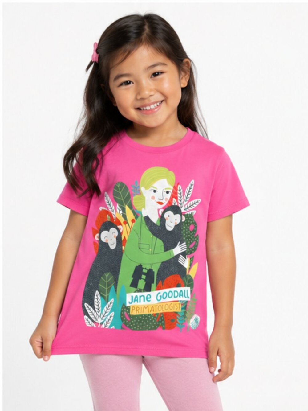 PICCOLINA Jane Goodall Trailblazer Tee Pink Chimp Graphic Shirt Kids M 10/12